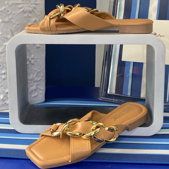 Nude cognac square toe cross cross gold chain hardware flat slide sandals - Picture 3 of 11